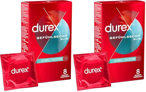 Durex Gefühlsecht Slim Kondome – Dünne Kondome mit schmaler Passform & mit Silikongleitgel befeuchtet – 16er Pack (1 x 8 Stück)