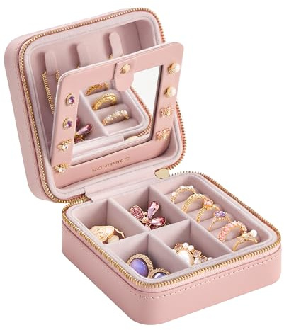 SONGMICS Jewellery Box, 11.4 x 11.4 x 5.5 cm Travel Jewellery Box with Interior Mirror, PU Leather Jewellery Storage for Women, Small Jewellery Organiser, Portable, Gift Idea, Jelly Pink JBC146S01