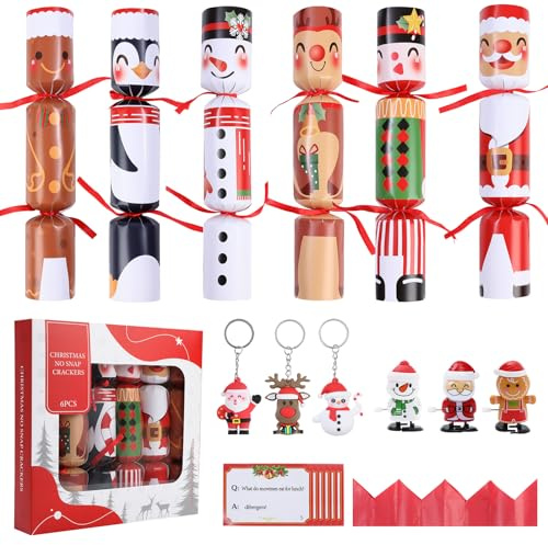 ONBAGLST 6 Pack Christmas Crackers Non-Snap luxury Christmas cracker for Kids with Party Hat, Joke & Wind Up Toy Keyring Inside, Xmas Cracker for Kids Dinner Traditions