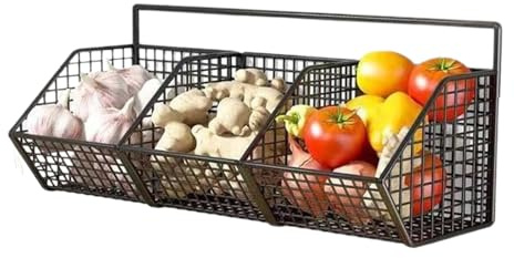 Cesta de pared, 3 compartimentos, cesta de almacenamiento de verduras, estante montado en la pared para almacenamiento de cocina, cebolla, patata, despensa, organización, jengibre