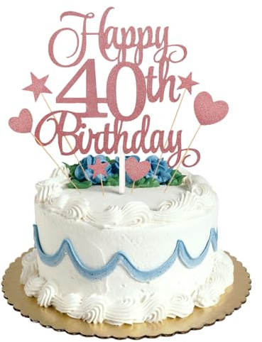 40th Happy Birthday Cake Topper Rose Gold Glitter,Personalised Cake Toppers for Men Boys Women Girls Birthday Party Cake Decorations Kit with Star Heart Cupcake Topper