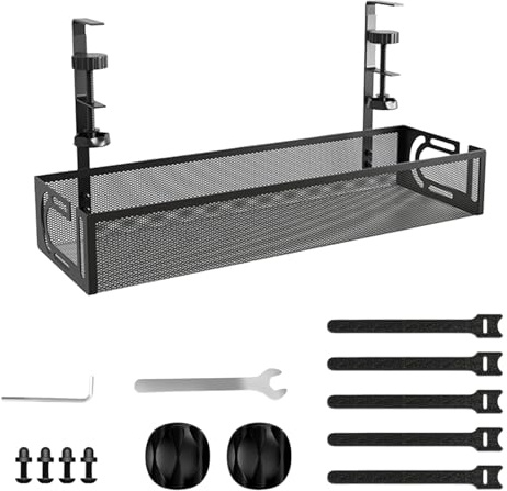 Under Desk Cable Management Tray No Drill Metal Mesh Cables Organiser with Clamp Mount Wire Management Tray for Cords Power Strips Cord Organizer, Wire Organizer for Homes, Offices (1Pcs, Black)