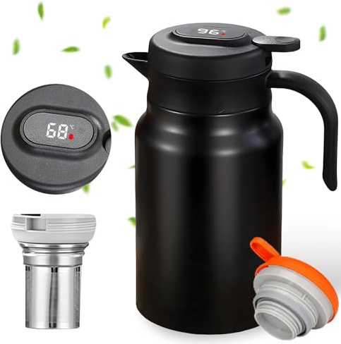 Termoskanna 1,5 l med tesil och temperaturdisplay, vakuumkanna i rostfritt stål 316 dubbelvägg vakuum väl förseglad utan läckage kaffekanna termisk tekanna optimal för te, kaffe och mjölk