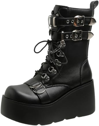 Laced Ankle Boots for Women, Womens Chunky Ankle Boots Goth Platform Wedge Booties with Side Zip Lace Up Round Toe Zipper High Heels Rave Buckle Combat Thick Sole Y2K Gothic Shoes for Ladies Black