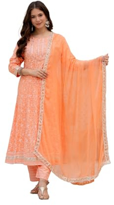 Rosarue Women’s 100% Rayon Anarkali Kurta Pant Set with Dupatta | Indian Ethnic Pakistani Style Kurti for Summer Festive & Casual Wear(Orange,Large)