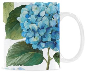 qenuh Hydrangea Flower Blue Whimsy Ceramic Mugs Coffee Cup Smooth Glaze Finish 11 oz Classic Tea Cup for Hot Drinks, Office/Home Use