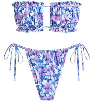 ZAFUL Women 2 Piece Strapless Bikini Swimsuits Ruffle Ribbed Self Tie Bandeau Bikini Set High Cut String Bathing Suits (2-Purple Floral, S)