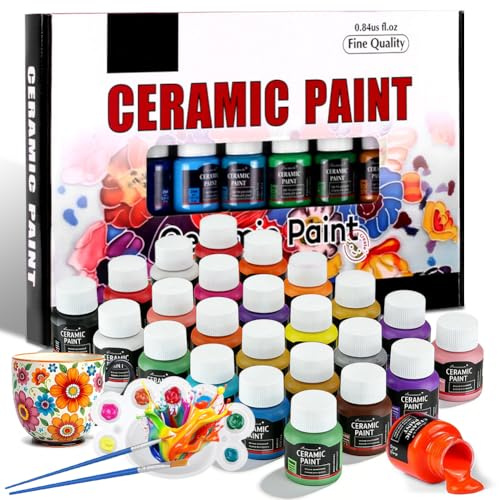 Zinueen Porzellanfarbe Set 24x25ml, Keramikfarbe Spülmaschinenfest & Keramik Bemalen Set mit 2 Pinseln & Palette, Porzellanfarbe zum Bemalen von Tassen, Keramik, Glas