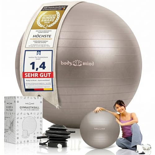 Body & Mind Gymnastikball inkl. Luftpumpe - Anti-Burst Pilates Ball, Pezziball für Schwangerschaft Ergonomischer Sitz als Büro-Stuhl, Sitzball für Yoga, Gymnastik & Workout