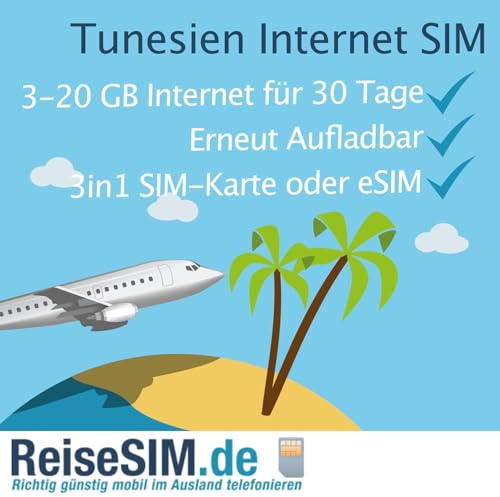 Carte SIM de voyage pour la Tunisie, volume de données 3-20 Go, validité 30 jours, réseau 4G/5G Ooredoo et Tunisie Telecom, Nano-SIM ou eSIM (20 Go / 30 jours, carte SIM (3en1))