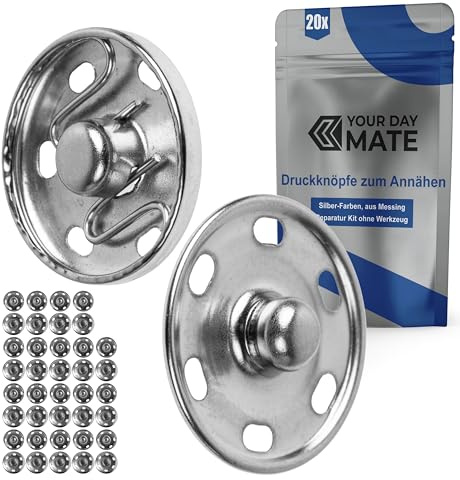 Druckknöpfe zum Annähen, Ø 6 mm aussen, 20 Paare, in Silber, aus Messing, Druckknopf für Bekleidung, Bastelarbeiten, DIY Projekt, Reparatur Knöpfe Nähzubehör, Druck Knopf Nähen, Ersatz Metallknöpfe