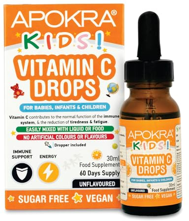 Vitamin C Drops - Vegan - 60 Days Supply – 30mL – Preservative Free and Sugar Free Vitamin C for Kids - VIT C 25mg per 0.5mL | APOKRA Kids