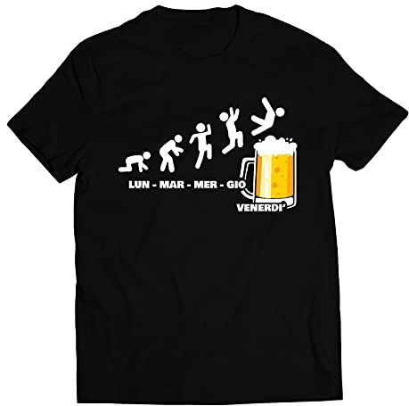 Colorfamily Maglietta Uomo Divertente Evoluzione Settimana Birra - Idea Regalo Originale Compleanno, Amico, Collega - T-Shirt Ironica Tuffo nel Boccale - 100% Cotone - Design Grafico lunedì-Venerdì