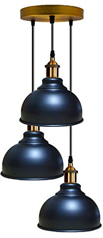 DC VOLTAGE 3 Light Black Dome Pendant Light E27 Ceiling Fixture | Retro Metal Shades | Flexible 95cm Cords | Three-Lamp Design | Dining Room, Kitchen, Living Room & Study