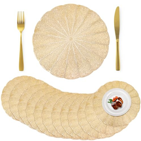 ZOOFOX 12 Pack Round Pressed Vinyl Placemats, 15 Inch Hollow Out Vinyl Dining Table Mats, Non-Slip Heat Resistant Metallic Platemats for Christmas Dinner Holiday Party Wedding Centerpiece Decor