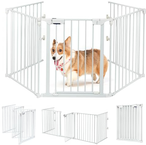 RELAX4LIFE 5 Panneaux Barrière de Sécuritéen Fer, Grille de Protection Extensible pour Bébé Animaux Cheminée Escalier, Clôture de Cheminée Pliant, Porte Inclus Blanc