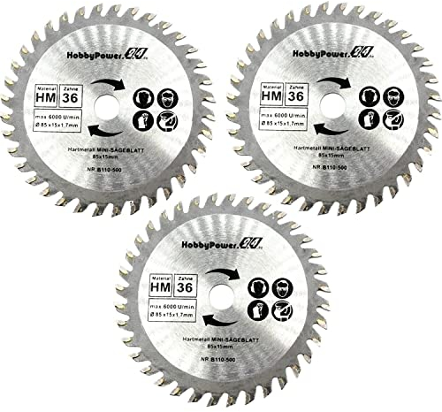 3 Stück HM Sägeblatt Ø 85 x 15 mm 36 Zähne Kreissägeblatt Kreissäge Handkreissäge für Holz Kunststoff kompatibel mit Bosch GKS 10,8-12 V LI