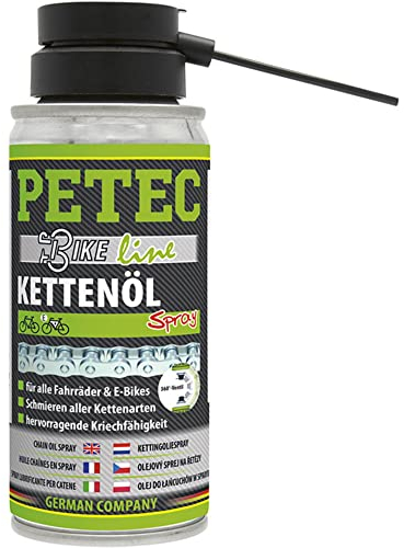 PETEC Olio per catena per bicicletta E Bike Catena per bicicletta a olio Wet Lube 100 ml Spray catena per bicicletta + lubrificazione per Ebike, biciclette, azionamento e circuito. Catena olio di