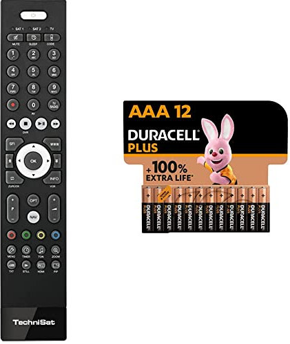 TechniSat TECHNICONTROL Fernbedienung (passend zu ISIO-Digitalreceivern und ISIO-TV-Geräten von TechniSat) schwarz & Duracell Plus AAA Micro Alkaline-Batterien, 1.5V LR03 MN2400, 12er-Pack