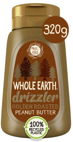 Whole Earth Drizzler Golden Roasted Peanut Butter, Super Smooth Squeezy Runny Nutty Spread Made with 100% Peanuts, All Natural Ingredients, No Added Sugar, Gluten Free, Vegan Friendly – 320g