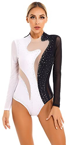 JEATHA Damen Glitzer Gymnastikbody Langarm Turnanzug Ballett Trikot Leotard Mesh Patchwork Gymnastikanzug für Gym Tanz Eiskunstlauf