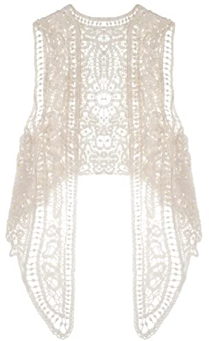 SATINIOR Boho Hippie Crochet Vest Open Hollow Lace Draped Cardigan Women's Cardigans Gilet Irregular Sleeveless Cardigan (Beige)