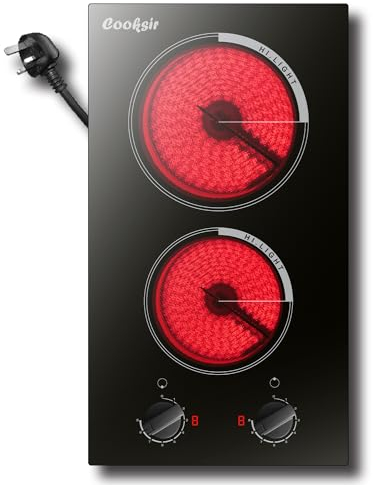 Cooksir Ceramic Hob with Plug, Electric Ceramic Hob 2 Zone with Knob, Ceramic Cooktop, 29CM, 2800W, 9 Power Levels, Black Glass
