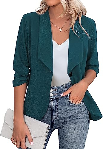 Zeagoo Dam blazer elegant 3/4-ärm business långblazer, smal passform, kavaj, vardagligt arbete, kavaj, kostym S–3XL, Mörkgrön, M