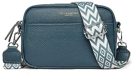 Crossbody Bag Damen, Echtes Leder Umhängetasche Damen Klein Mode Crossbody Bag Breiter Gurt, Damen Schultertaschen Handytasche zum Umhängen für Arbeiten Einkaufen Dating Reisen, Blau