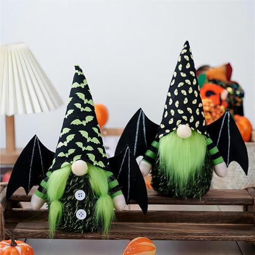 Gwindrise Fledermaus Wichtel Halloween Dekorationen für Zuhause, 2 Stück Zwerge mit Fledermausflügeln, Handgemachte Tomte Zwerg für Halloween Dekor, für Frauen