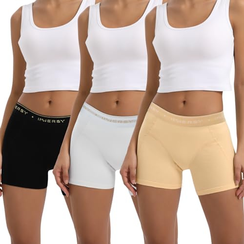 INNERSY Shorty Femme Taille Basse Boxer Sport Coton Stretch Caleçon sous Robe Panty Lot de 3 (42-44, Blanc/Noir/Abricot)