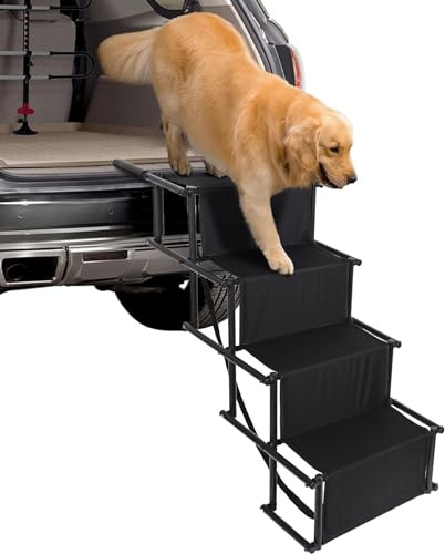 CALIYO Hundetreppe Auto Klappbar bis 75KG für Große Hunde, Höhenverstellbare 4-Stufen-Hundetreppe, Geeignet für Autos, Sofas und Betten, Gelenkschonende, sichere und stabile（Schwarz）