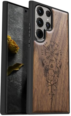 Carveit Handyhülle für Galaxy S24 Ultra 5G Case [Holz und TPU Silikon Hybrid hülle] handyhulle Kompatibel mit Samsung S24 Ultra 5G Hull Holzdesign Cover（Nussbaum-Wikingerkompass Vegvisir）