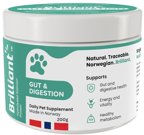 Brilliant Gut & Digestion Hydrolysed Salmon Peptide for Dogs & Cats, Digestive & Immune Support Supplement, Sensitive Stomach Relief, Skin & Coat Health, Natural Pet Nutrition (200g)