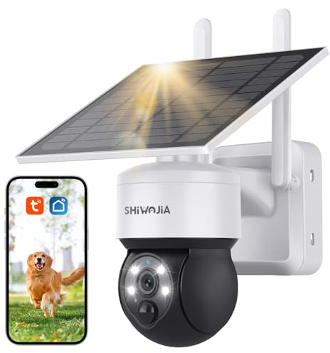 SHIWOJIA 2K 3MP Cámara Monitoreo WiFi Exterior Inalámbrico Solar, Cámara Tuya Smart Solar, 360° PTZ, Visión Nocturna Color, Audio bidireccional, PIR Sirena, IP65