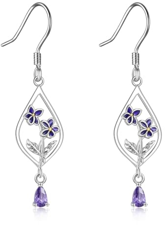 Geburtsblume Ohrringe S925 Sterling Silber Veilchen Tropfen Hängend Ohrhänger Geburtsstein Schmuck Geschenk für Damen