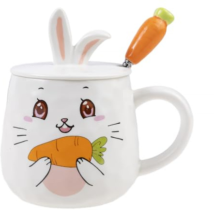 lachineuse Tasse aus der Kollektion Hase, mit Karotte, mit Deckel und Löffel, Fassungsvermögen: 425 ml, Weiß 1