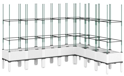 vidaXL Pflanzkübel mit Rankgitter, Blumenkübel mit Rattan-Optik, Blumenkasten für Terrasse Garten, Gartenspalier Pflanzkasten, Weiß PP