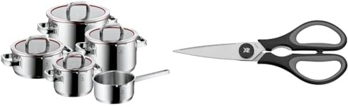 WMF Function 4 - Batería de Cocina, 5 Piezas con Tapas Acero Inoxidable Cromargan, Apta & Touch - Tijeras de Cocina, Acero Inoxidable, Negro, 21cm, Tijeras para el Hogar