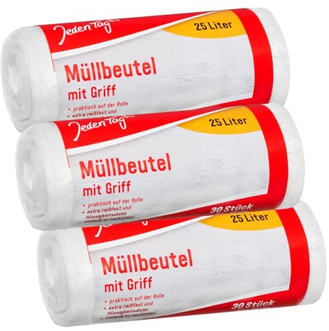 Jeden Tag Müllbeutel mit Griff 25L | 53 x 54 cm | praktisch auf der Rolle 30 Stück, extra reißfest und flüssigkeitsdicht, einfach zu verknoten, ideal für Küche und Haushalt (25L, 3er Pack)