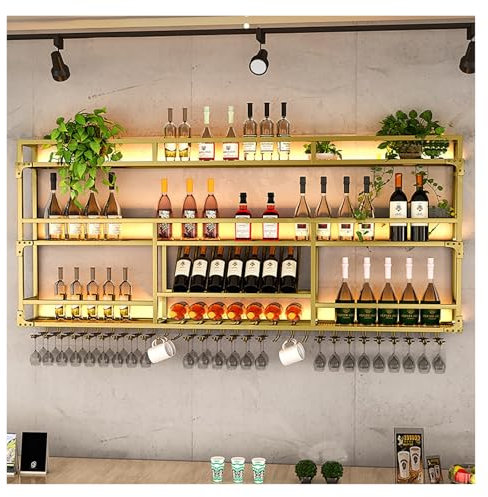 Weinregal Zur Wandmontage, Weinaufbewahrung Display Rack, Metall-Weinregal Zum Aufhängen, Flaschenhalter Wand, Bar Regal Wand, Flaschenregal, Bar Einheit Schwebende Regale(Gold,150*25*90cm)
