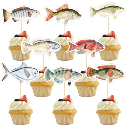 24pcs Fish Cupcake Toppers, Funny Birthday Party Decorations with Pick & Glue Point Fishing Dessert Cupcake Topper Baby Shower Decorations Fish Theme Party Supplies for Kids Teens (Style 1)