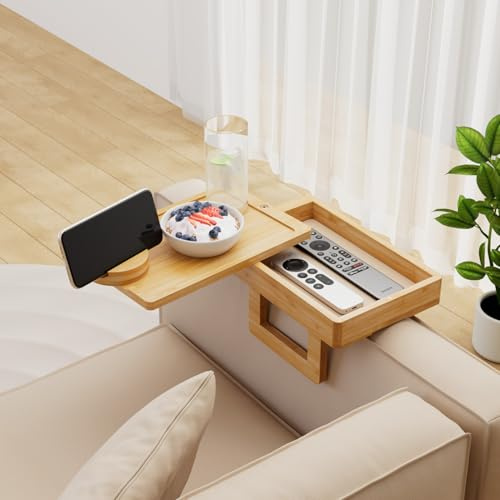 Wealone Mini bracciolo da divano per bracciolo stretto, vassoio in bambù con contenitore, piano rotante e supporto per telefono, clip regolabile per divano per snack o cena, bracciolo ≤ 18 cm di