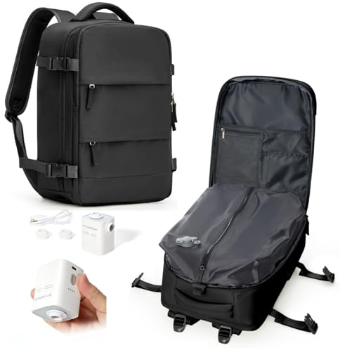 Zaino Sottovuoto Viaggio con pompa sottovuoto, Zaino da Viaggio Aereo Bagaglio a Mano Ryanair 40x20x25 Zaini Airbag Borsa da Cabina per Donna Uomo - Nero
