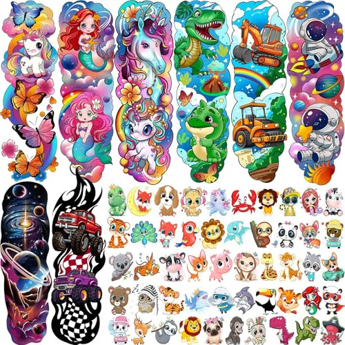 58 PCS Cartoon Unicorn Mermaid Temporary Tattoo For Kids Girls Boys, Full Arm Animals Dinosaur Car Space Monster Truck Butterfly Body Face Fake Sleeve Tattoos Stickers Birthday Gifts Party Supplies