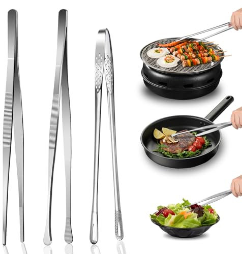 LUOJINYI 3 Stück Kochpinzette Edelstahl Set, Profi Fleischpinzette als Küchenhelfer, Pinzette lange Küchenpinzette aus Rostfreiem für Küchen Grillen Kochen, Perfekt zum Familienfeiern - 30cm & 28cm