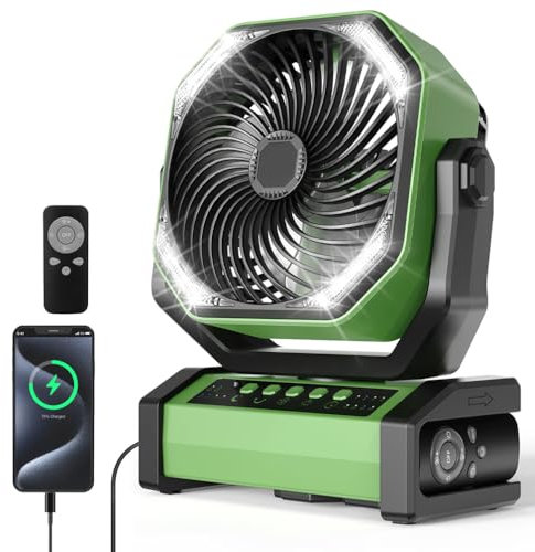 Ventilatore da campeggio da 20000 mAh con luce LED, batteria ricaricabile, timer, telecomando, 4 velocità regolabili, ventilatore da tavolo USB portatile per esterni, picnic, viaggi, camera da letto