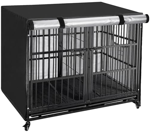 OUUTMEE Schwarz Hundebox-Abdeckung, wasserdichte Hundekäfig-Abdeckung für 60–125 cm große Hundezwinger, wasserdicht/Sonnenschutz/Lichtblockierend mit Tür und belüftetem Fenster