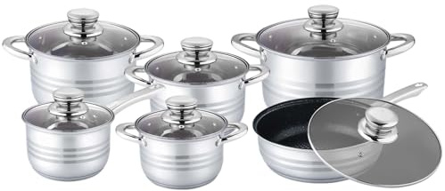 Crystals 12Pcs Induction Stainless Steel Cookware Set with Glass Lids – Mirror Polished Casseroles, Saucepans & Stockpots – Oven & Dishwasher Safe Kitchen Cookware (Design - 1)