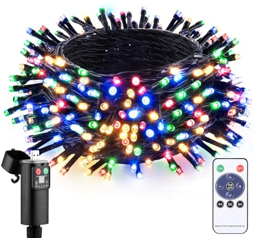 Luces Arbol Navidad Exterior Pilas - 10M 100 LED Guirnaldas Multicolor USB Bateria Recargables con Temporizador Impermeable Decoración Interior para Navidad Boda Patio Jardín Festival